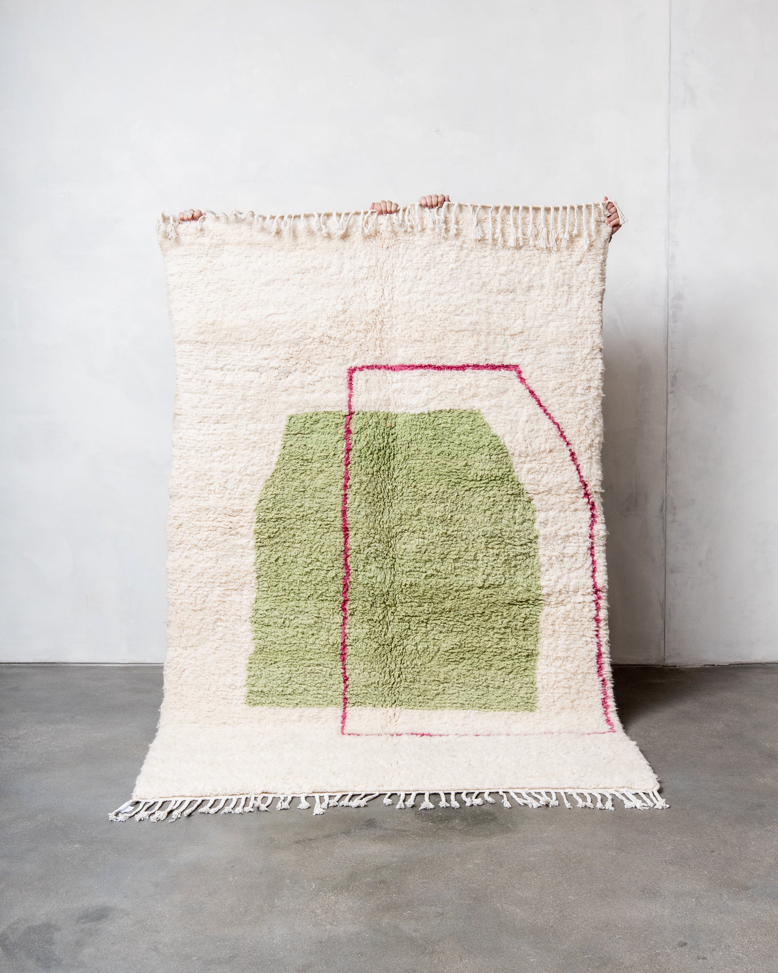 Modern, designer, handcrafted Berber rug from Morocco. Beniourain carpet with beautiful colours and patterns and fluffy wool texture.